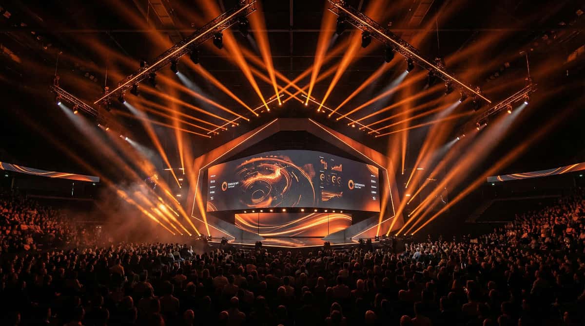 Corporate live event production with LED stage, lighting design, and audience by Outta Time Productions