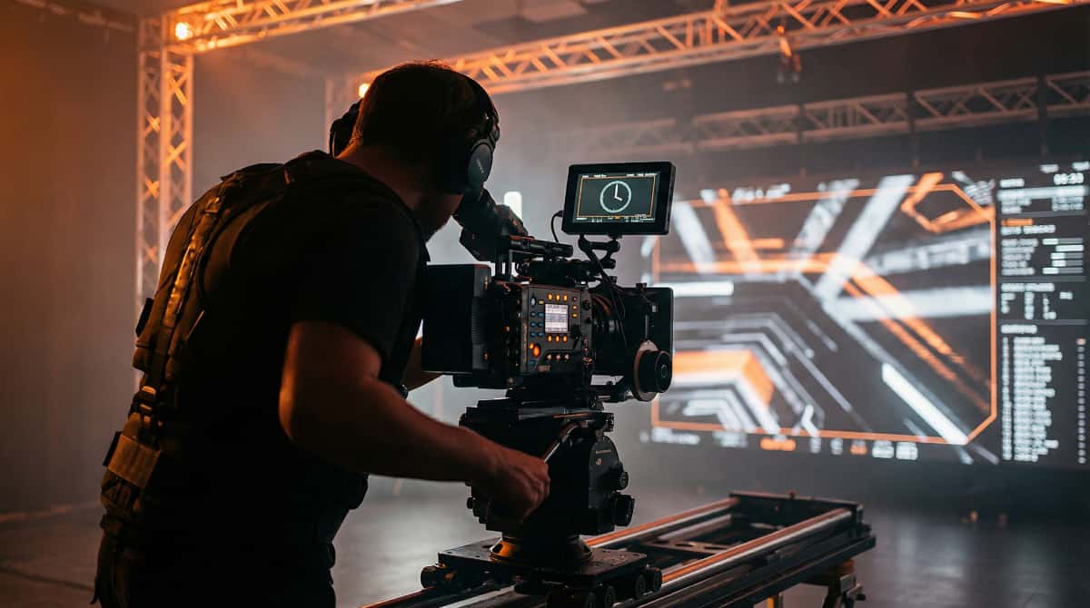 Professional camera operator filming corporate video production with LED stage and lighting by Outta Time Productions
