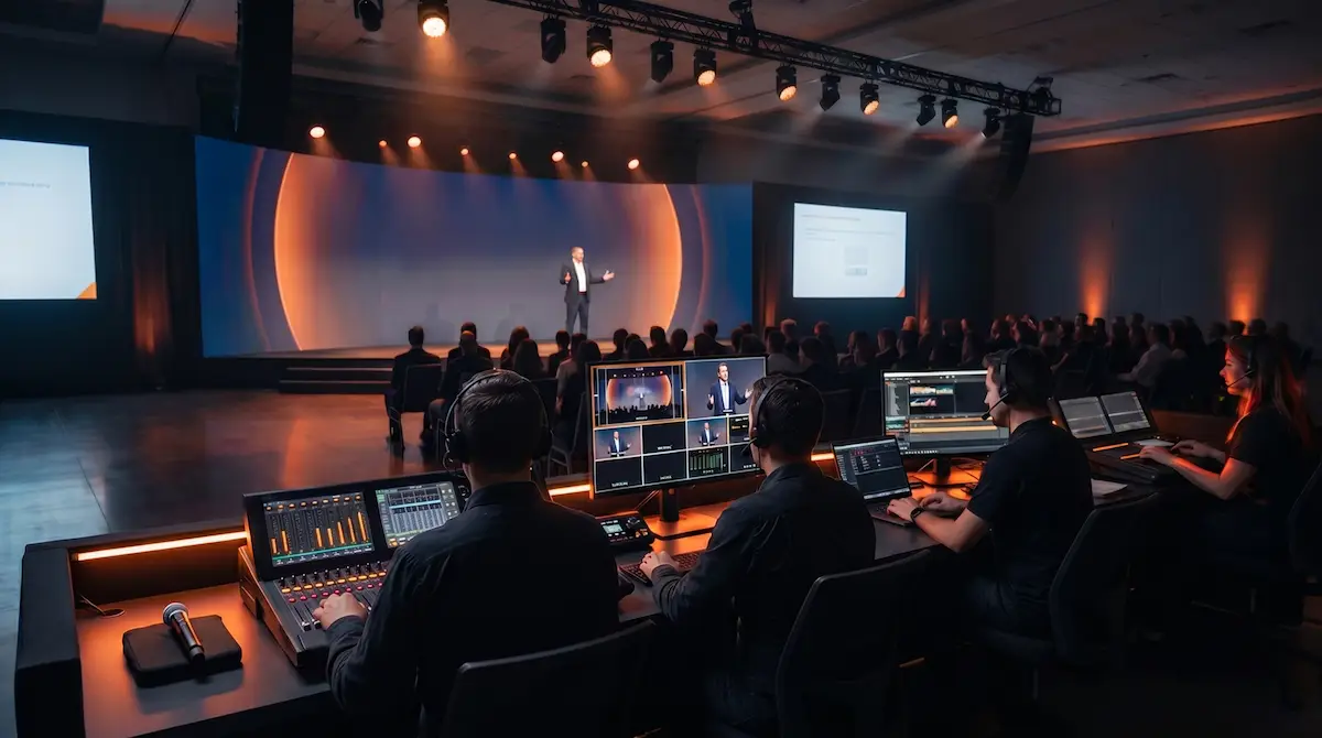 Production team monitoring a corporate event from a control area while a presenter speaks onstage.