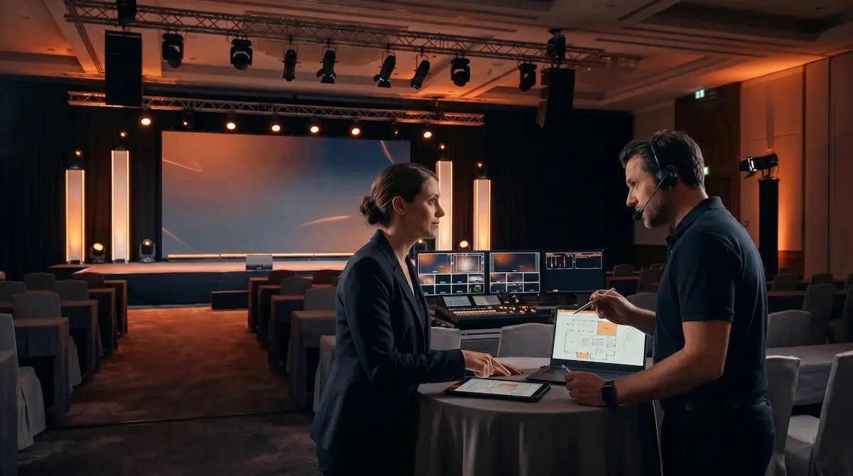 Event planner reviewing a ballroom production setup with an independent production team instead of hotel AV.