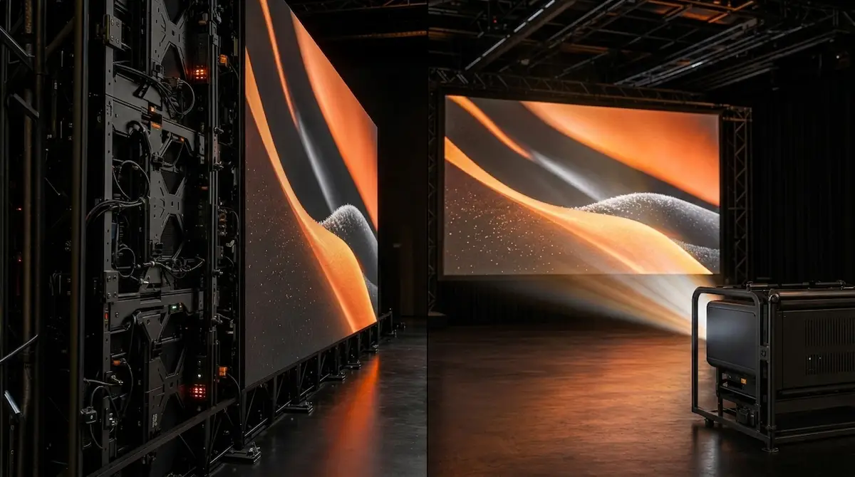 Illustrative comparison of a direct-view LED video wall and professional event projection system.