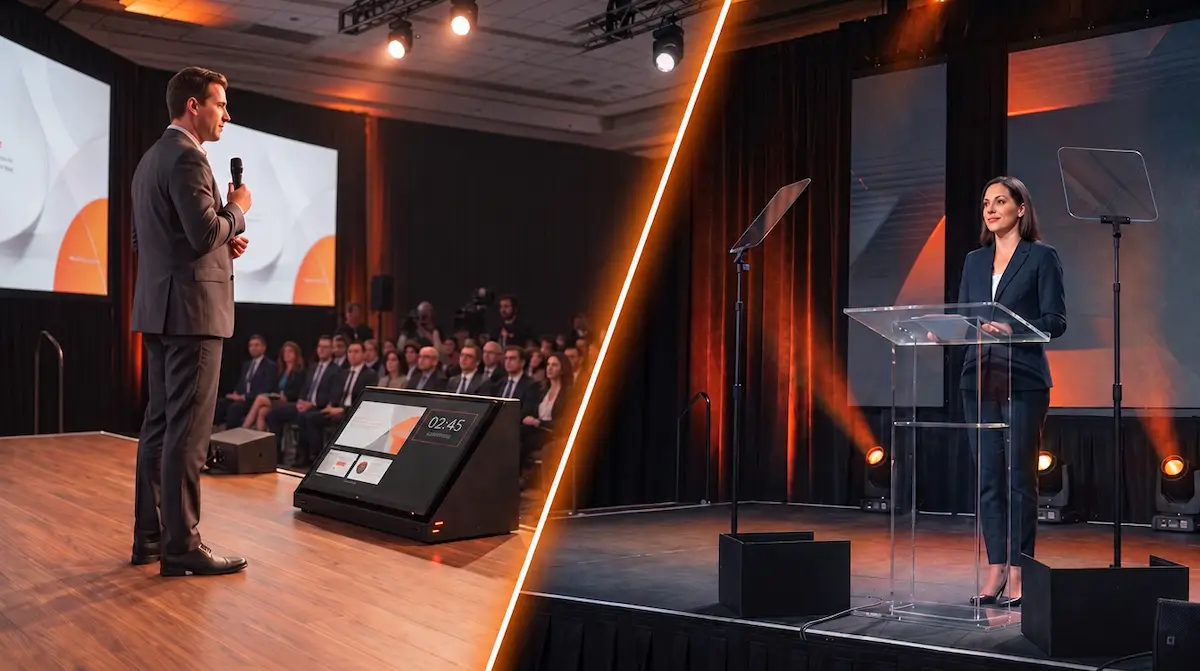 Illustrative corporate presenter rehearsing with a downstage confidence monitor and presidential-style teleprompter.